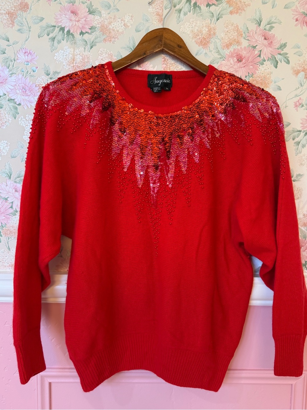Wool and angora Women's Red Sequin Embellished Sweater